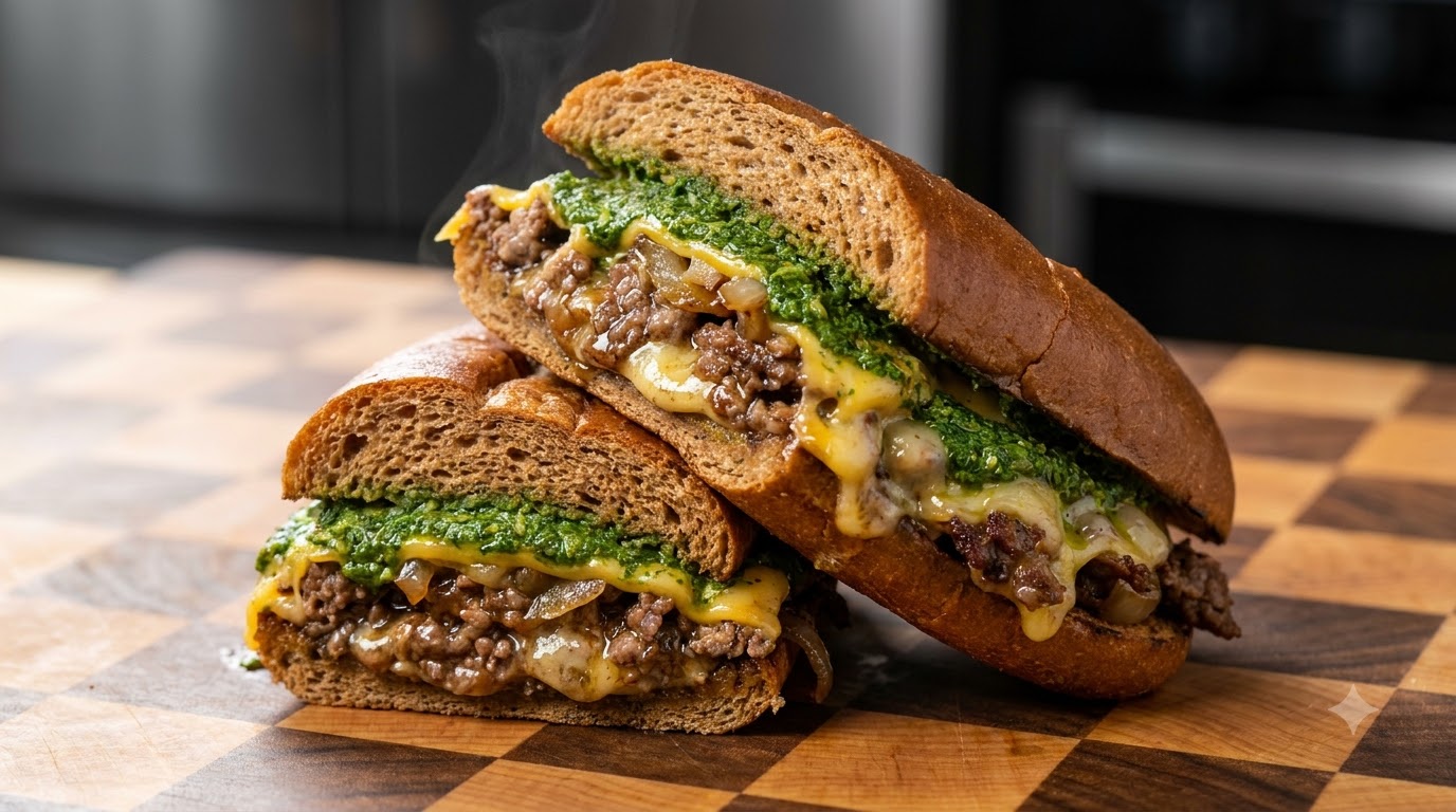 Gourmet Philly Cheesesteak Sandwich mit Grüner Soße