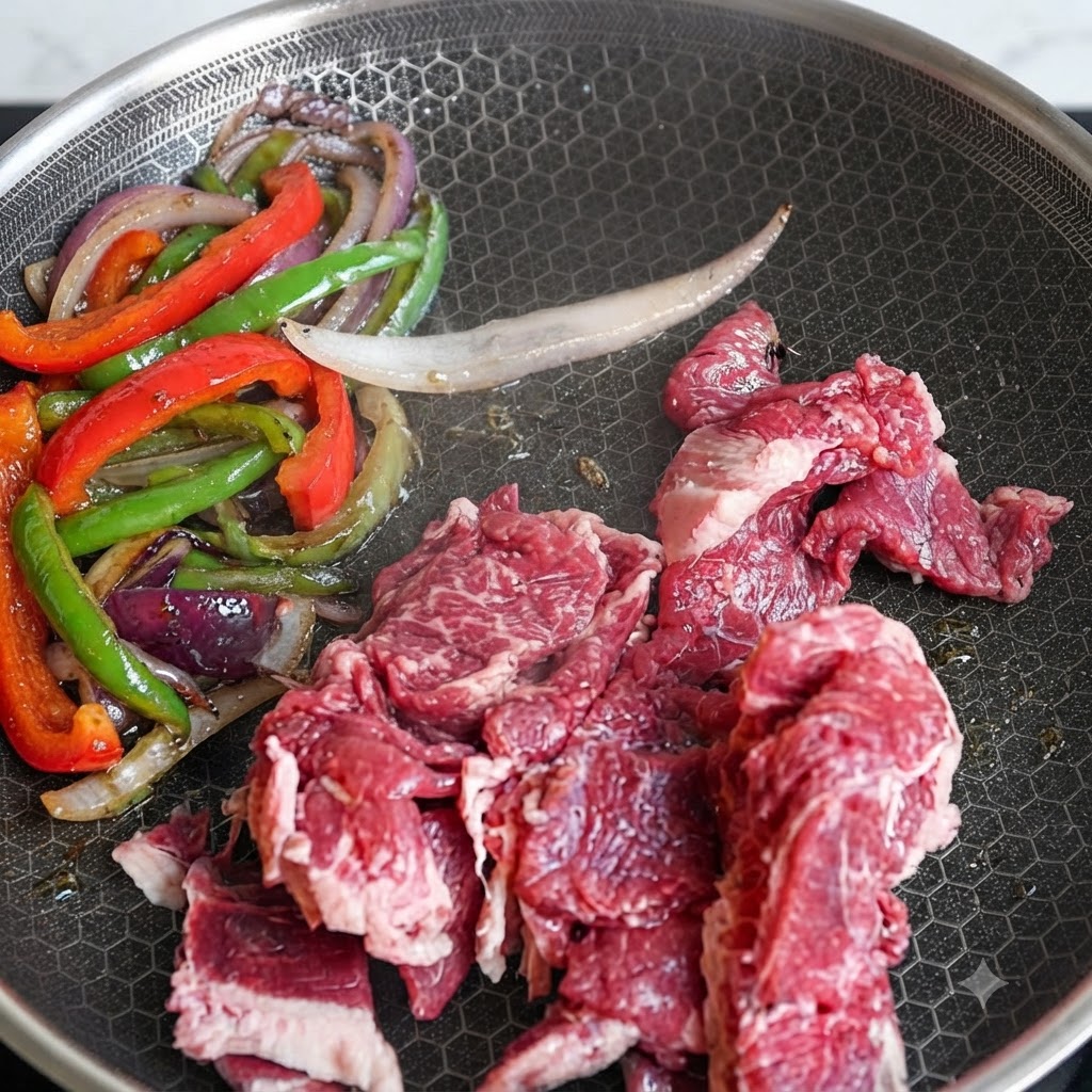 Rohe Rindfleischstücke liegen neben sautierter Paprika und Zwiebeln in einer Bratpfanne.