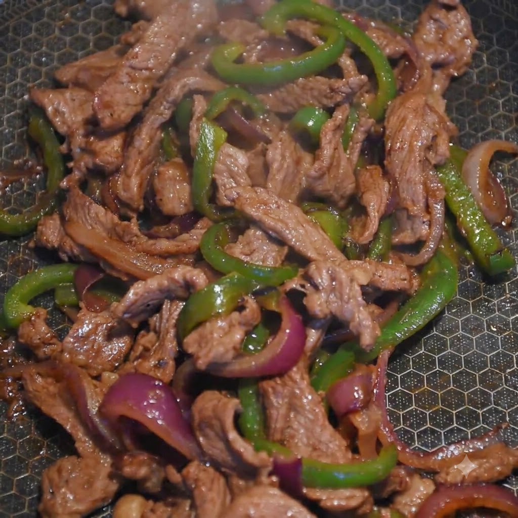 Gelbe Käsescheiben schmelzen über einem Haufen aus Rindfleisch und Paprika in einer Pfanne.