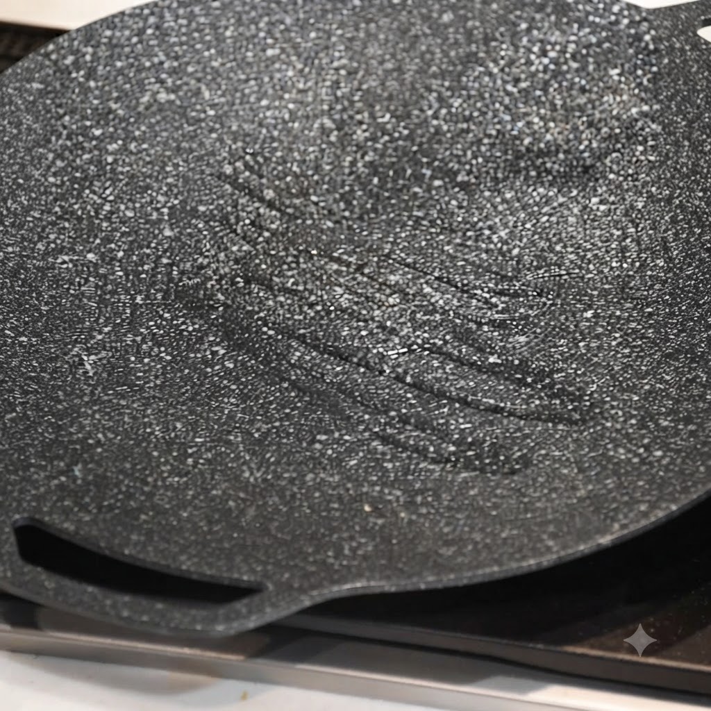 Eine heiße Grillpfanne mit etwas Öl, bereit zum Toasten von Brot.