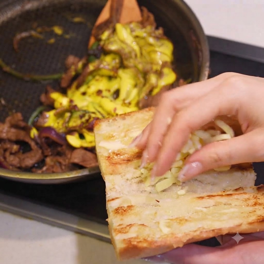 Eine Hand streut geriebenen Mozzarella über eine getoastete Baguettehälfte.