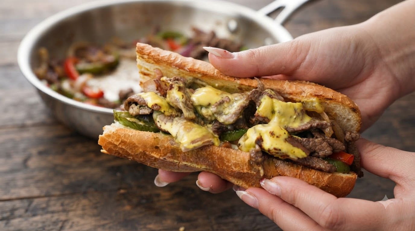 Ein frisch zubereitetes Philly Cheesesteak Sandwich mit geschmolzener Käsesauce, Rindfleischstreifen, Paprika und Zwiebeln in einem getoasteten Baguette.