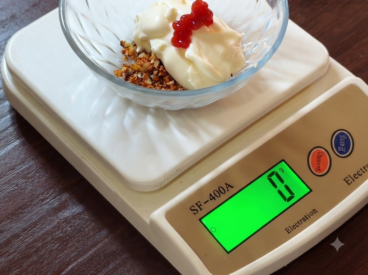 Roter Tomatenketchup wird auf die Mayonnaise und den gebratenen Knoblauch in einer Glasschüssel gedrückt.