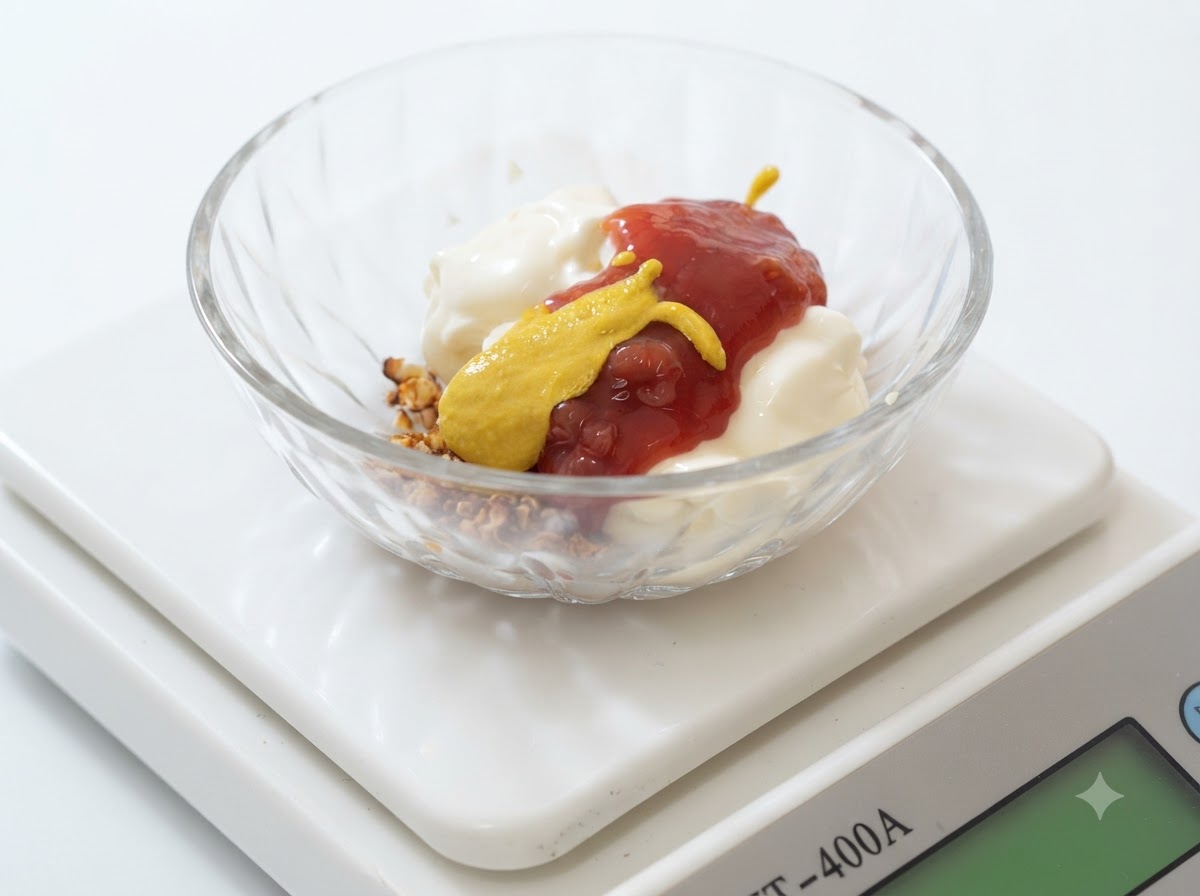 Ein Streifen leuchtend gelbe Senfsauce wird über die Zutaten in der Glasschüssel gegeben.