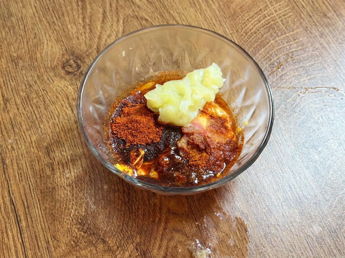 Ein Löffel Zitronenfruchtpüree liegt auf den gemischten Saucenzutaten in einer Glasschüssel.