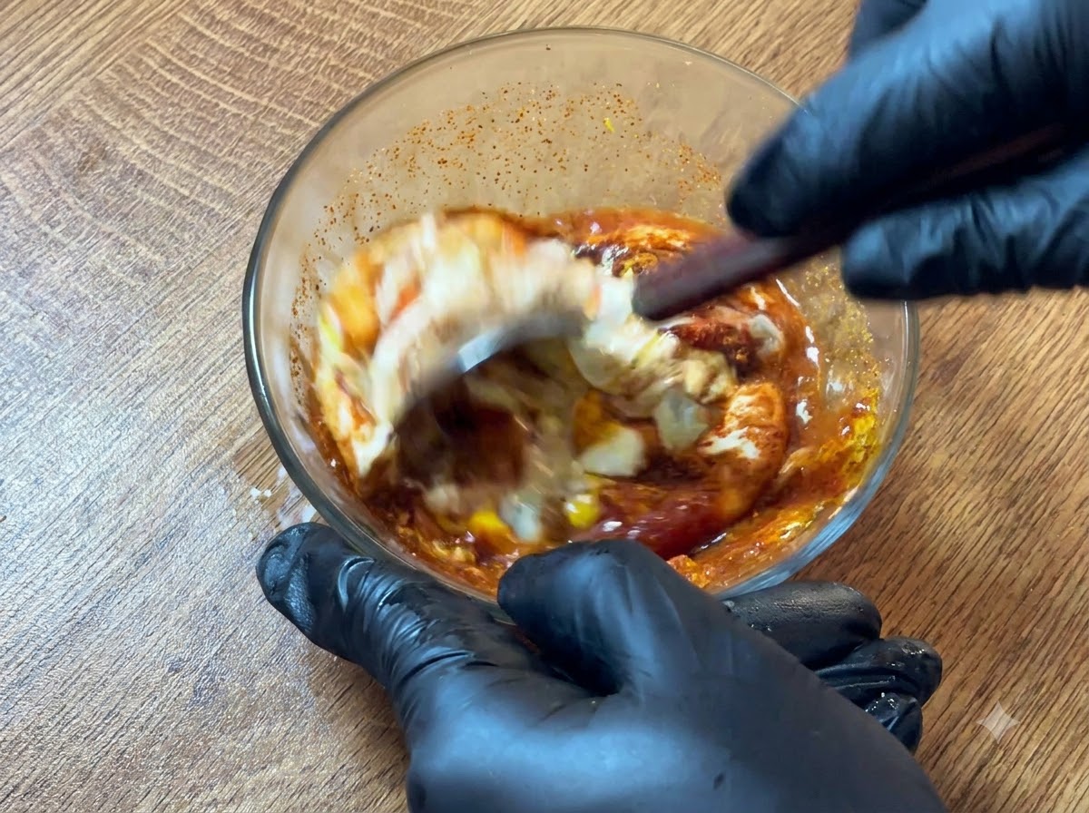 Eine handschuhbedeckte Hand rührt alle Burgersaucenzutaten mit einem Holzlöffel in einer Glasschüssel kräftig um.