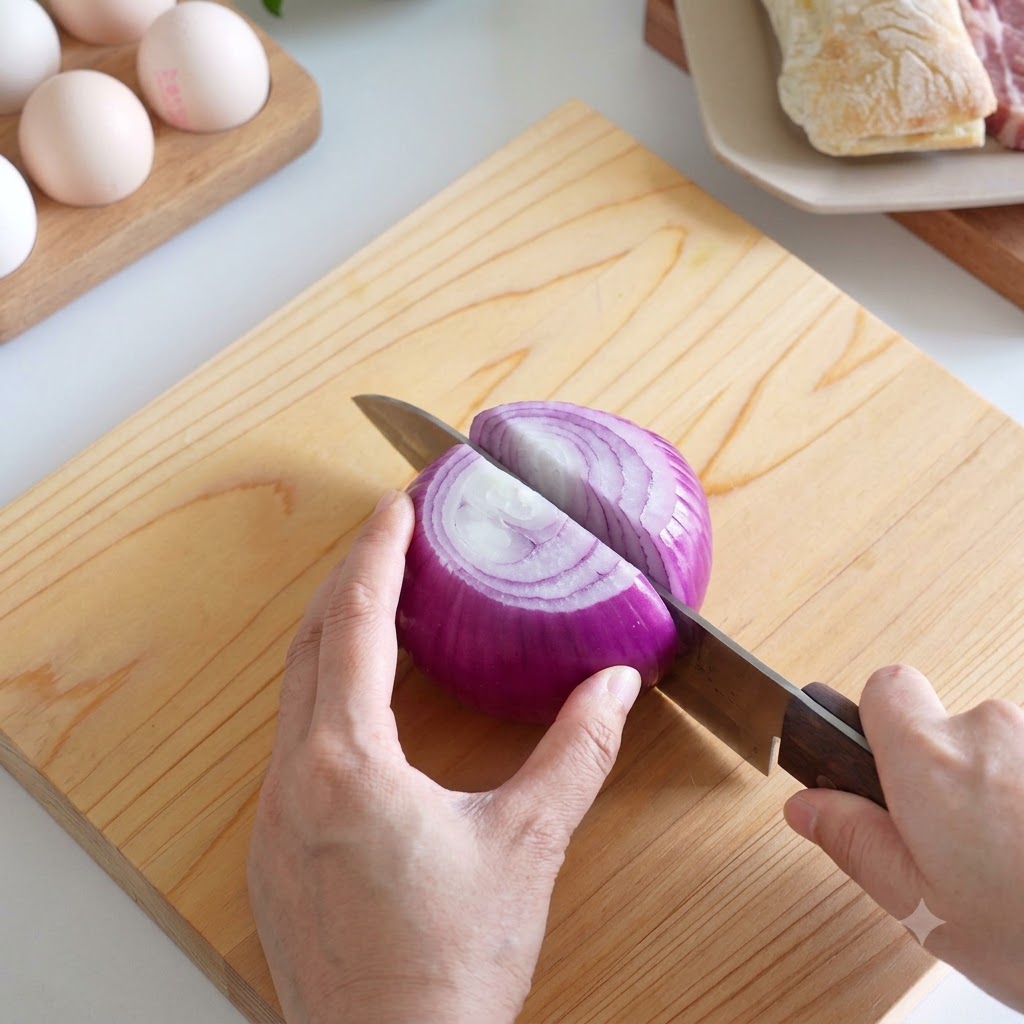 Rote-Zwiebel-Hälften werden auf einem Schneidebrett mit einem Küchenmesser in dünne Streifen geschnitten.
