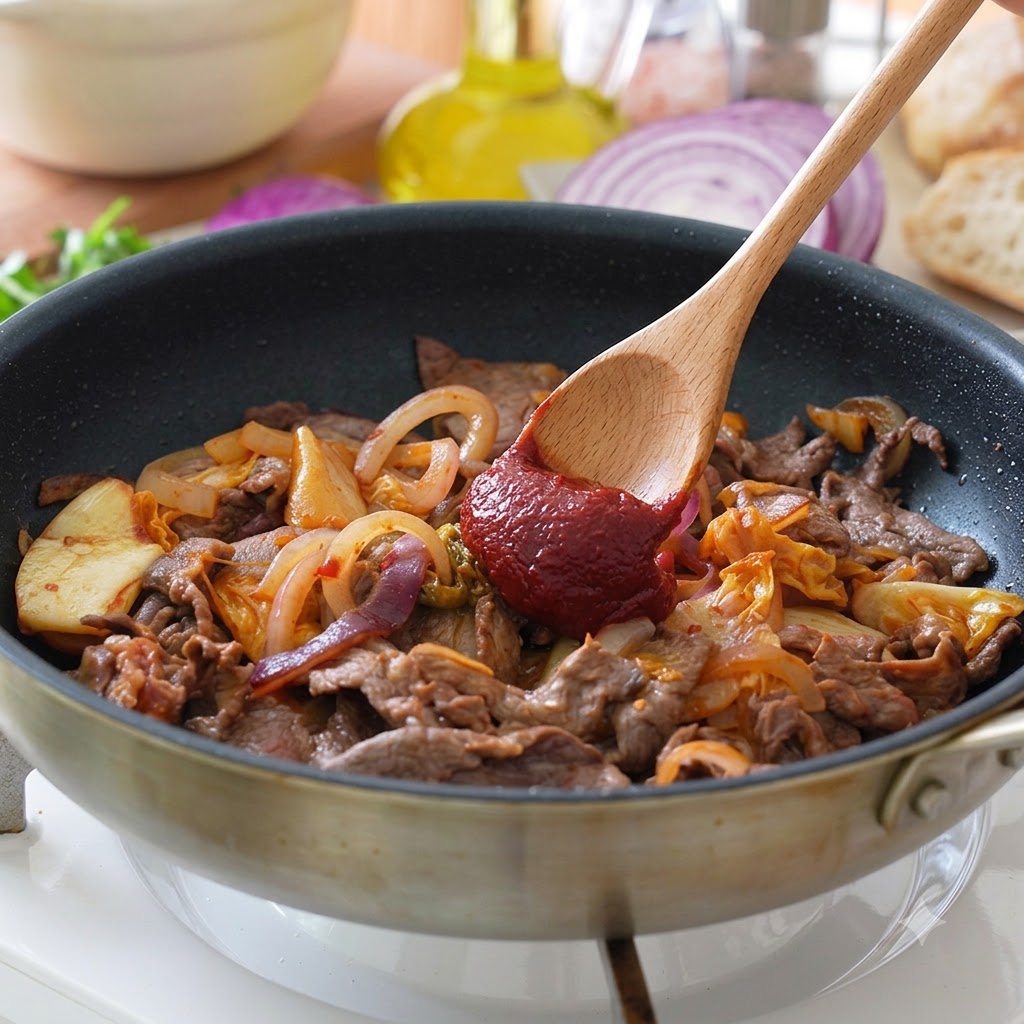 Koreanische scharfe Sauce und Milch werden in die Rindfleisch-Kimchi-Mischung in der Pfanne gegossen und eingerührt.