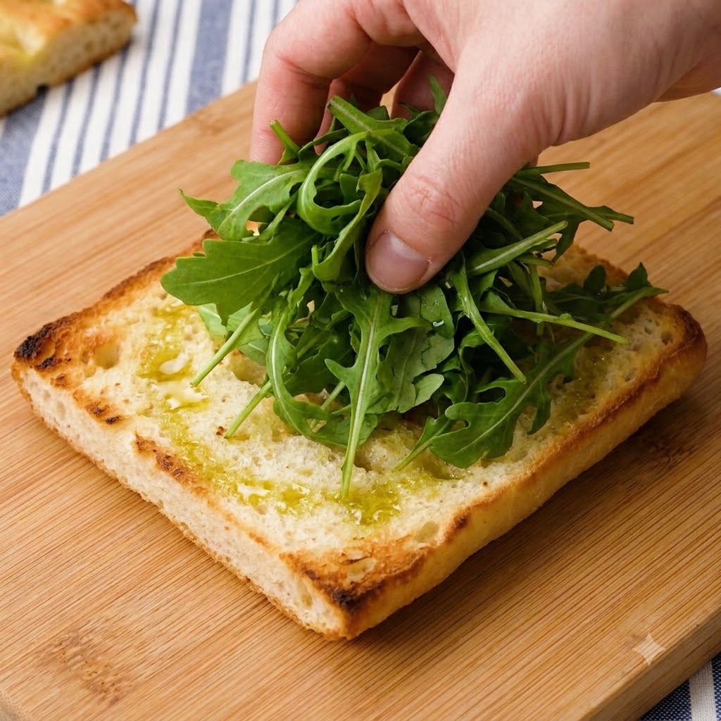 Frischer grüner Rucola wird mit den Händen auf eine Scheibe getoastetes Ciabattabrot gelegt.