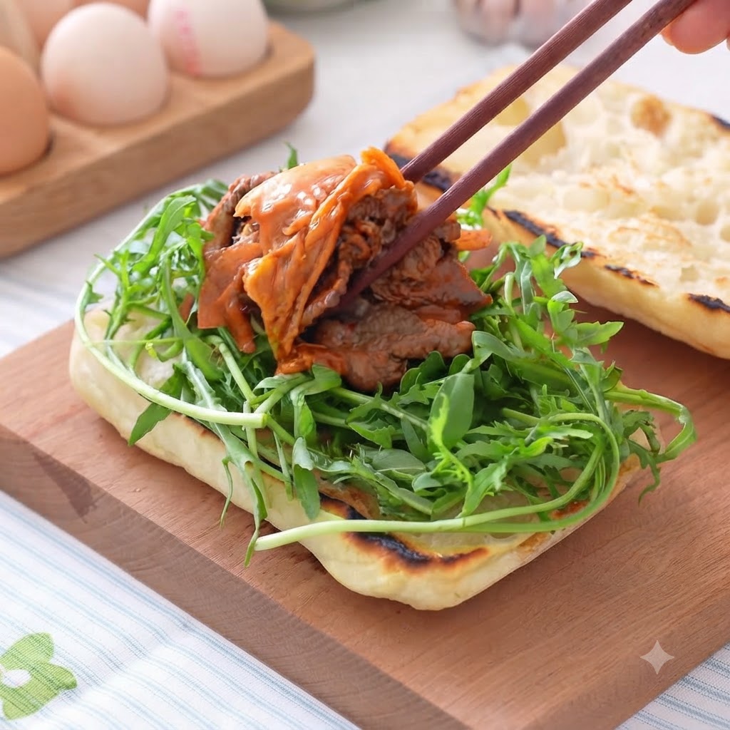 Die gekochte Kimchi-Rindfleisch-Mischung wird mit Stäbchen auf die Rucolaschicht gegeben.