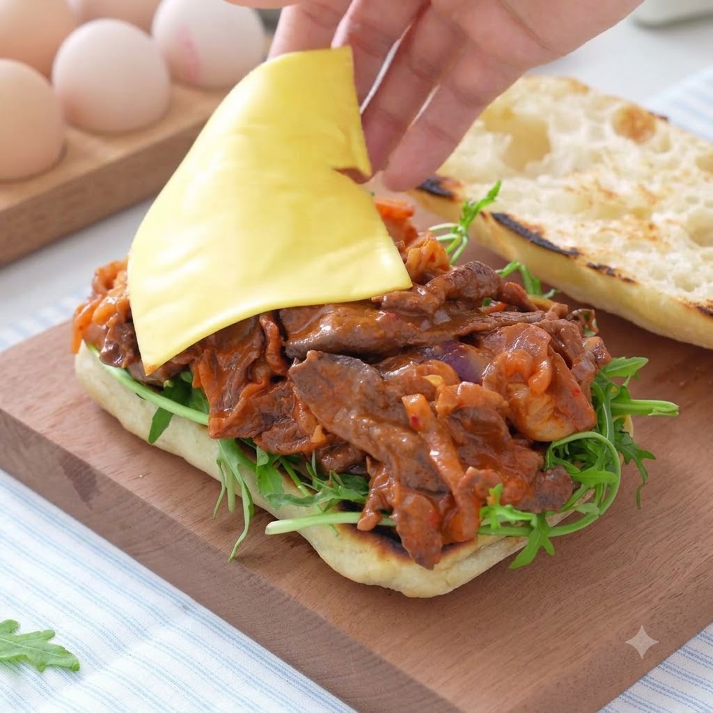 Käsescheiben werden auf die warme Kimchi-Rindfleisch-Füllung im Sandwich geschichtet.