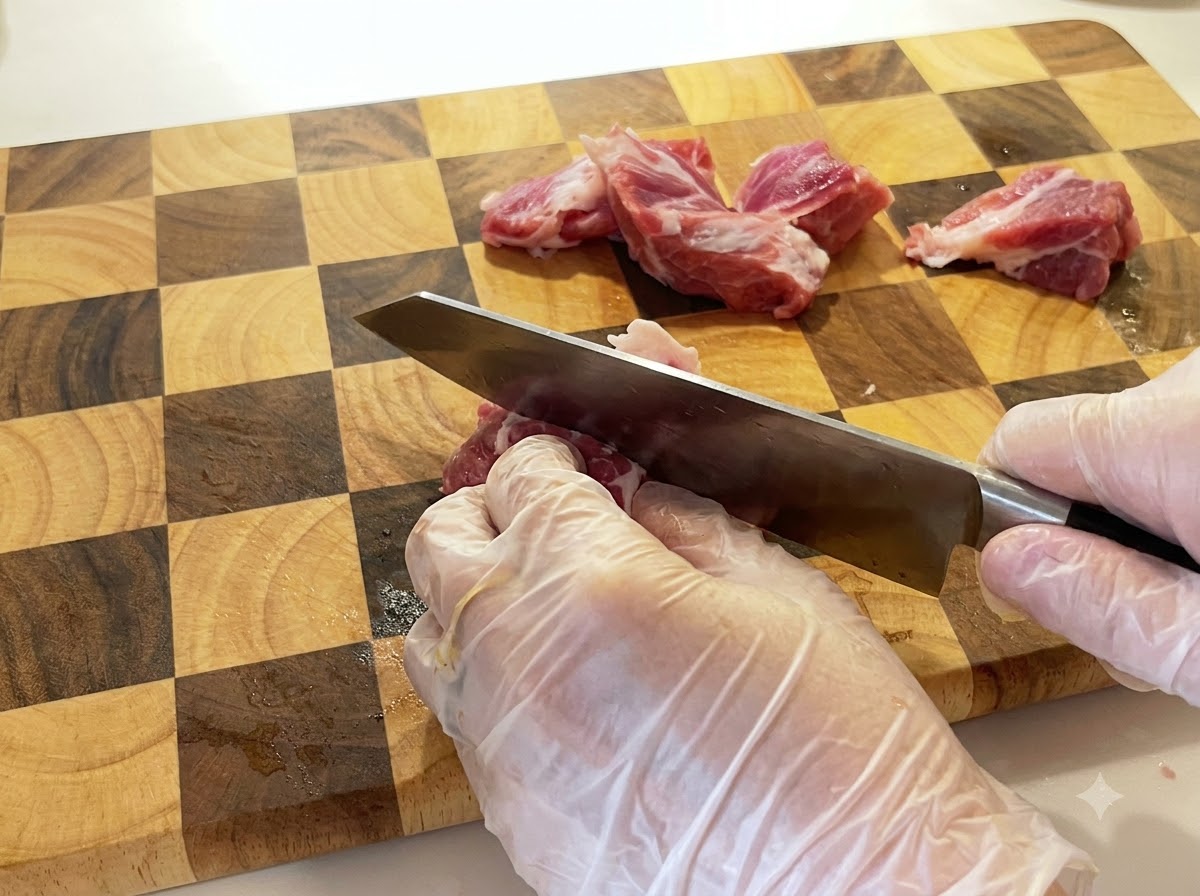 Eine behandschuhte Hand schneidet mit einem Messer rohe Schweineschulter auf einem karierten Holzschneidebrett.