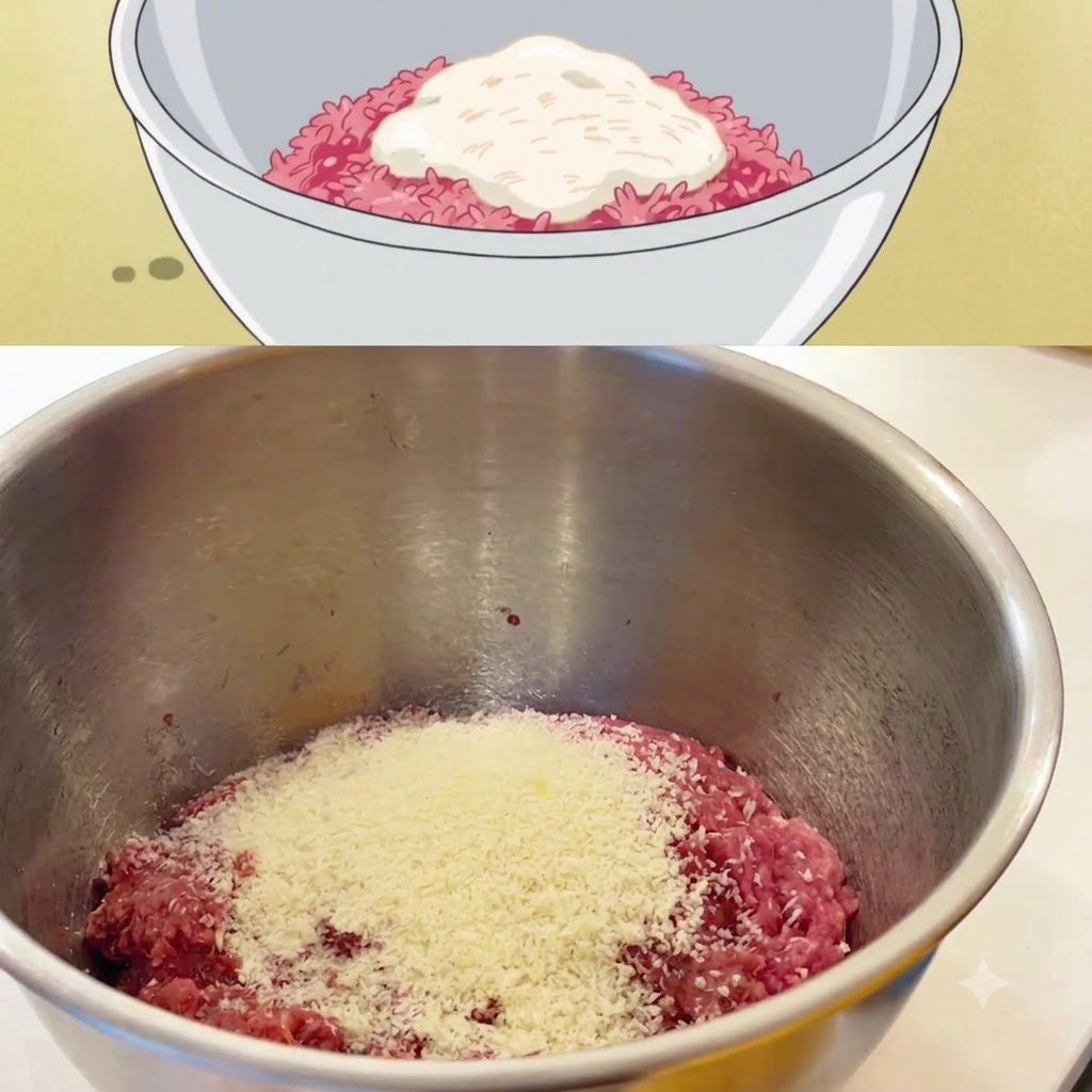 Ein aufgeschlagenes rohes Ei liegt auf einer Mischung aus Hackfleisch und Paniermehl in einer Metallschüssel.