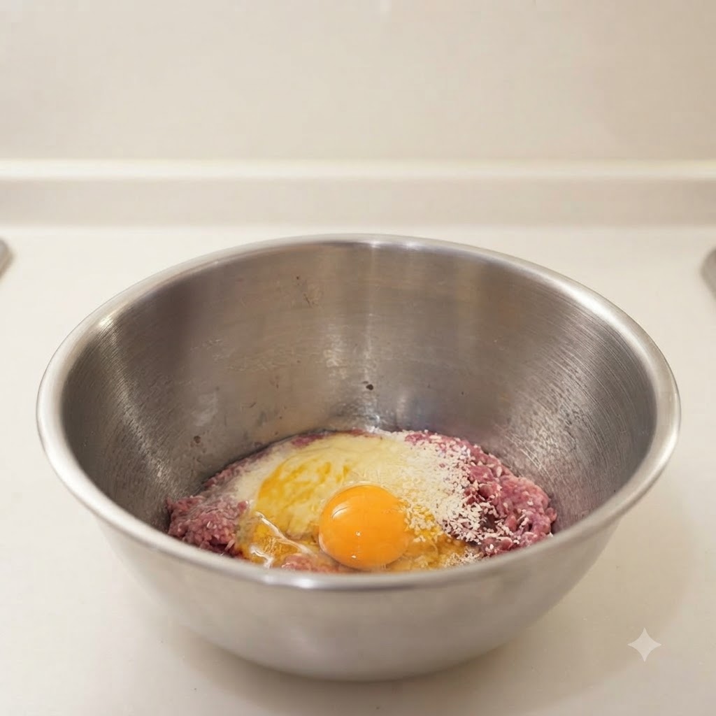 Ein Schuss Milch wird über Hackfleisch, Paniermehl und ein aufgeschlagenes Ei in eine Edelstahlschüssel gegossen.