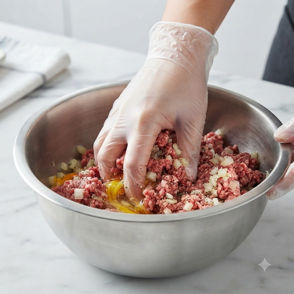 Eine Hand mit einem transparenten Plastikhandschuh mischt Hackfleisch, Zwiebeln und Gewürze gründlich in einer großen Stahlschüssel.