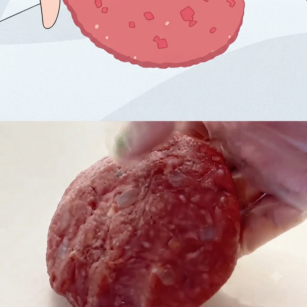 Eine behandschuhte Hand hält ein großes, dickes, rundes rohes Fleischpatty, das zum Braten geformt wurde.