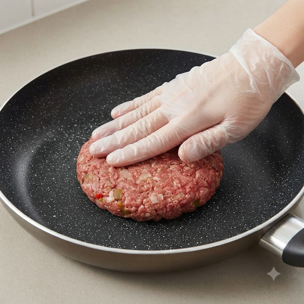 Eine behandschuhte Hand legt ein dickes, rohes Fleischpatty in eine dunkle, beschichtete Bratpfanne.