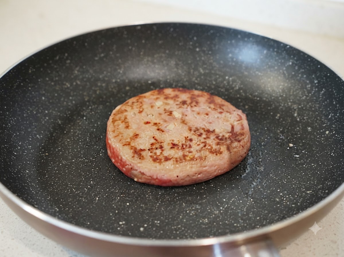 Ein kleiner Strahl Wasser wird in eine Bratpfanne neben ein leicht gebräuntes Hambagu-Patty gegossen.