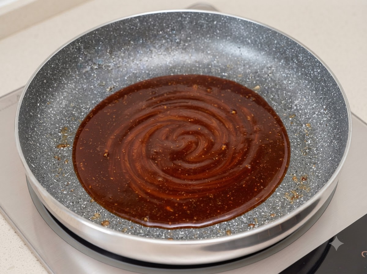 Eine dunkle Saucenmischung aus Tonkatsu-Sauce, Ketchup und Wasser blubbert und zieht Schlieren in einer Bratpfanne.