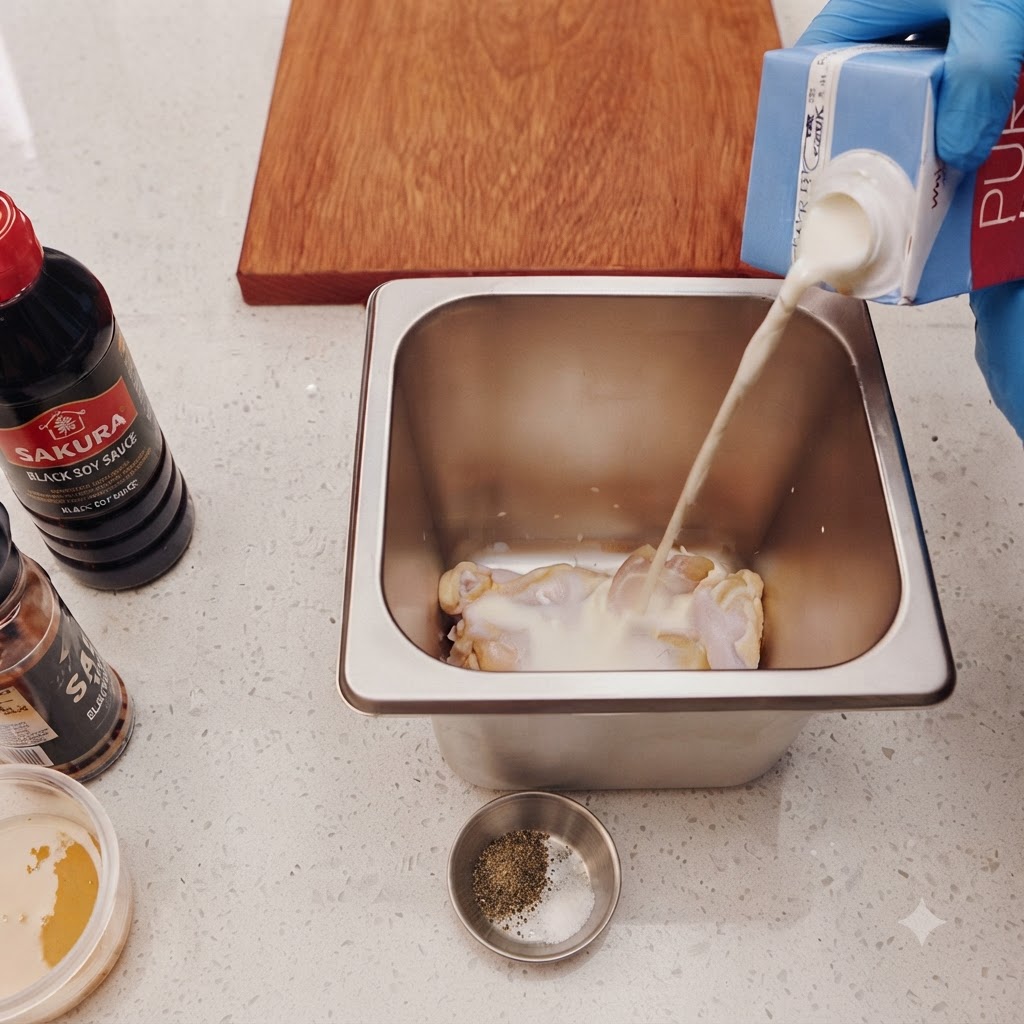 Milch, schwarzer Pfeffer und Salz werden über Hähnchenunterkeulen in einem Edelstahlbehälter gegossen.