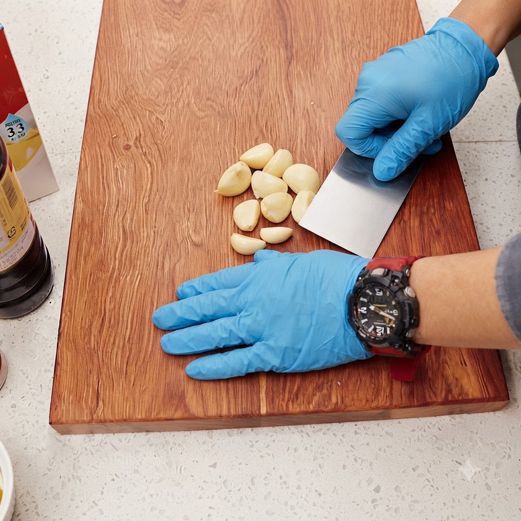 Behandschuhte Hände verwenden einen Schaber, um geschälte Knoblauchzehen auf einem Holzschneidebrett zu hacken.