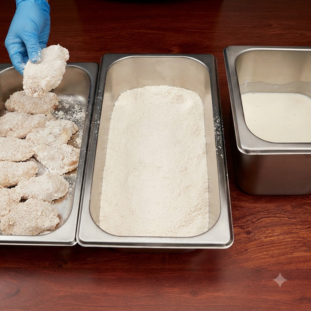 Doppelt panierte Hähnchenstücke werden in der Nähe einer Mehlschale und eines Milcheimers angeordnet.