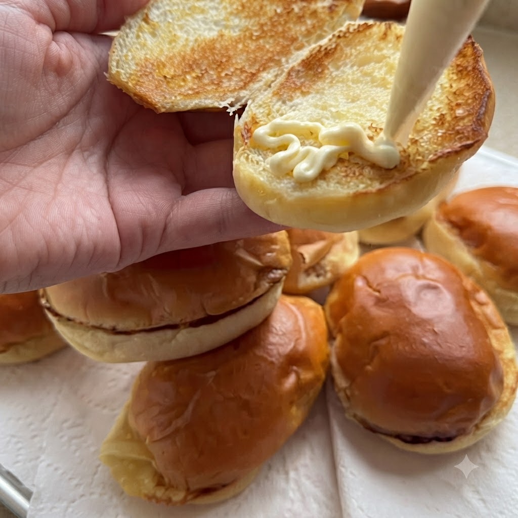 Mayonnaise wird in einem Zickzackmuster auf die Innenseite eines Brötchens gespritzt.