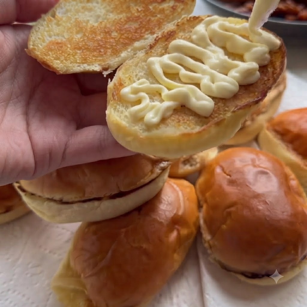 Gekochte Honig-Hähnchen-Stücke und dicke Soße werden über die Mayonnaise-Schicht auf dem Brötchen löffelweise verteilt.