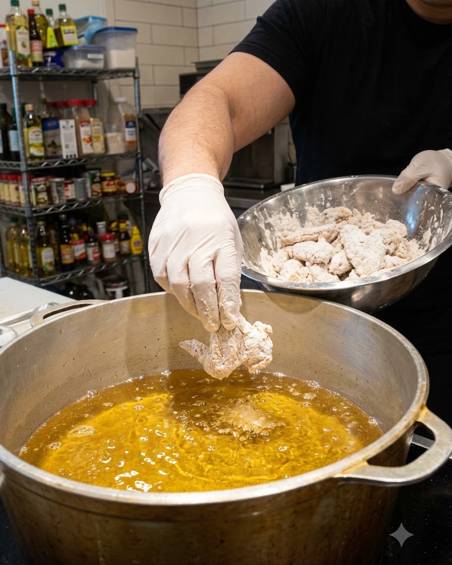 Ein paniertes Hähnchenstück wird vorsichtig in einen großen Topf mit blubberndem Frittieröl gelassen.