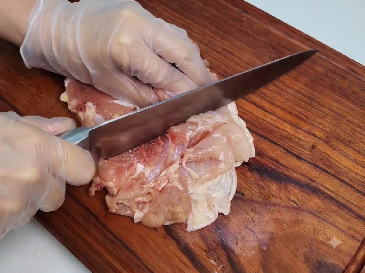 Eine bemalte Hand, die ein scharfes Messer benutzt, um das Fleisch eines entbeinten Hähnchenschenkels auf einem Holzschneidebrett einzuschneiden.