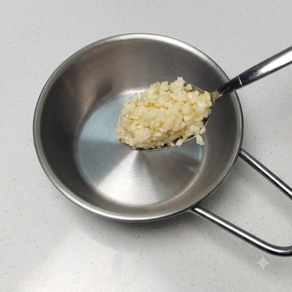 Ein Metalllöffel, der einen Berg frisch gehackten Knoblauchs über einem leeren kleinen Edelstahltopf hält.