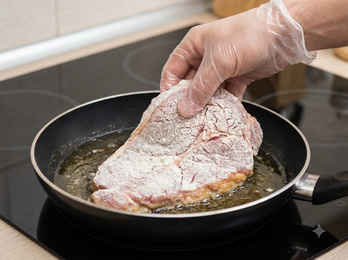Eine Hand mit einer Zange, die ein mit Stärke überzogenes Hähnchenstück in eine mit heißem Öl gefüllte Bratpfanne legt.