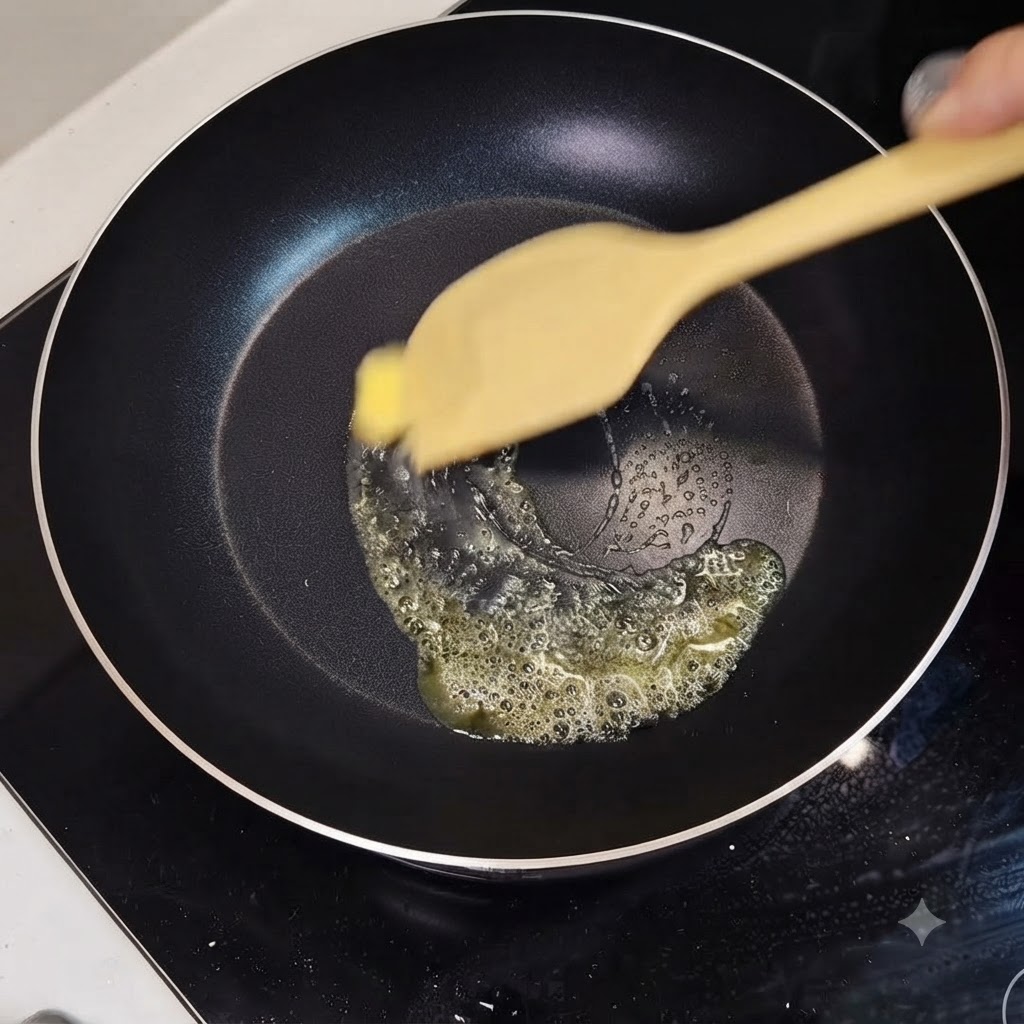 Ein Holzspatel rührt schmelzende Butter und Öl in einer Bratpfanne, um die Sauce vorzubereiten.