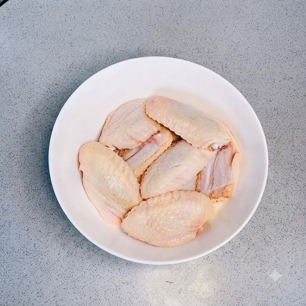 Frische Hähnchenflügel ordentlich in einer weißen Keramikschüssel angeordnet.