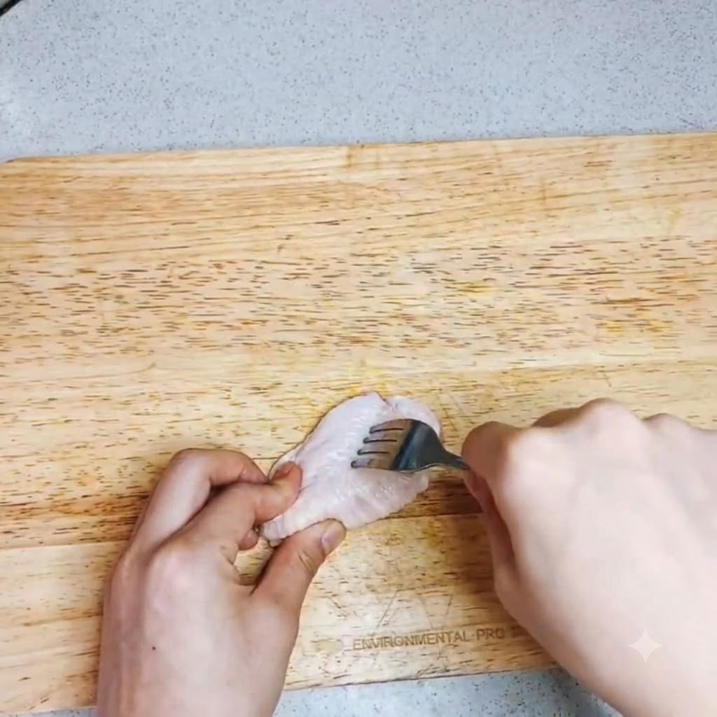 Ein Löffel Salz wird über rohe Hähnchenflügel in einer weißen Schüssel gestreut.