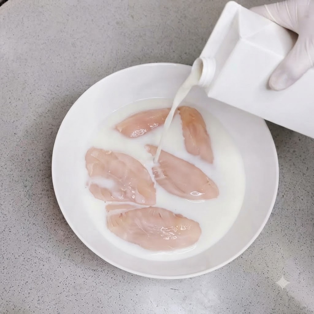 Weiße Milch wird aus einem Karton in eine mit Hähnchenflügeln gefüllte Schüssel gegossen.