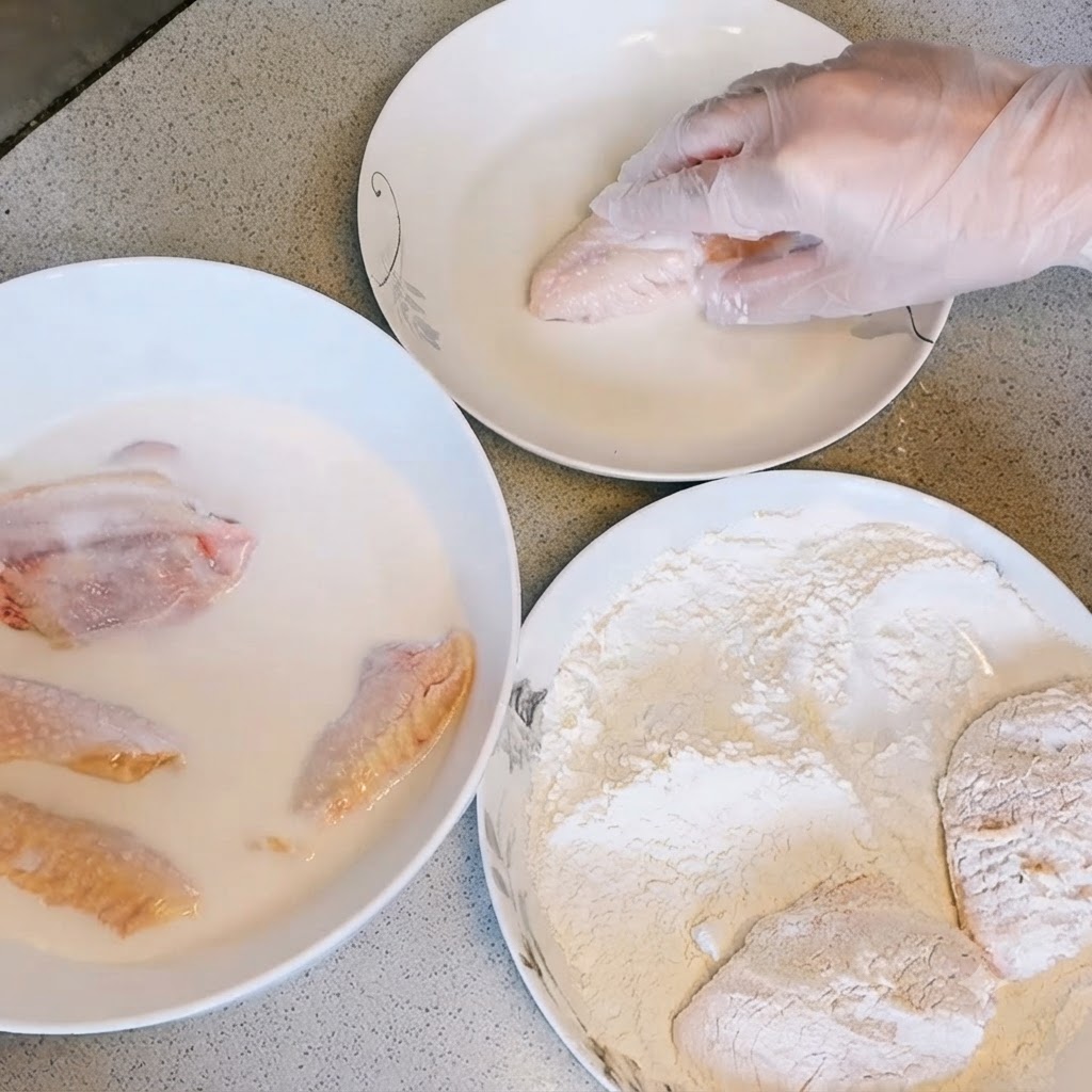 Eine handgeschmierte Hand wälzt einen marinierten Hähnchenflügel in trockenem Frittierpulver neben Schüsseln mit Teig und Milch.