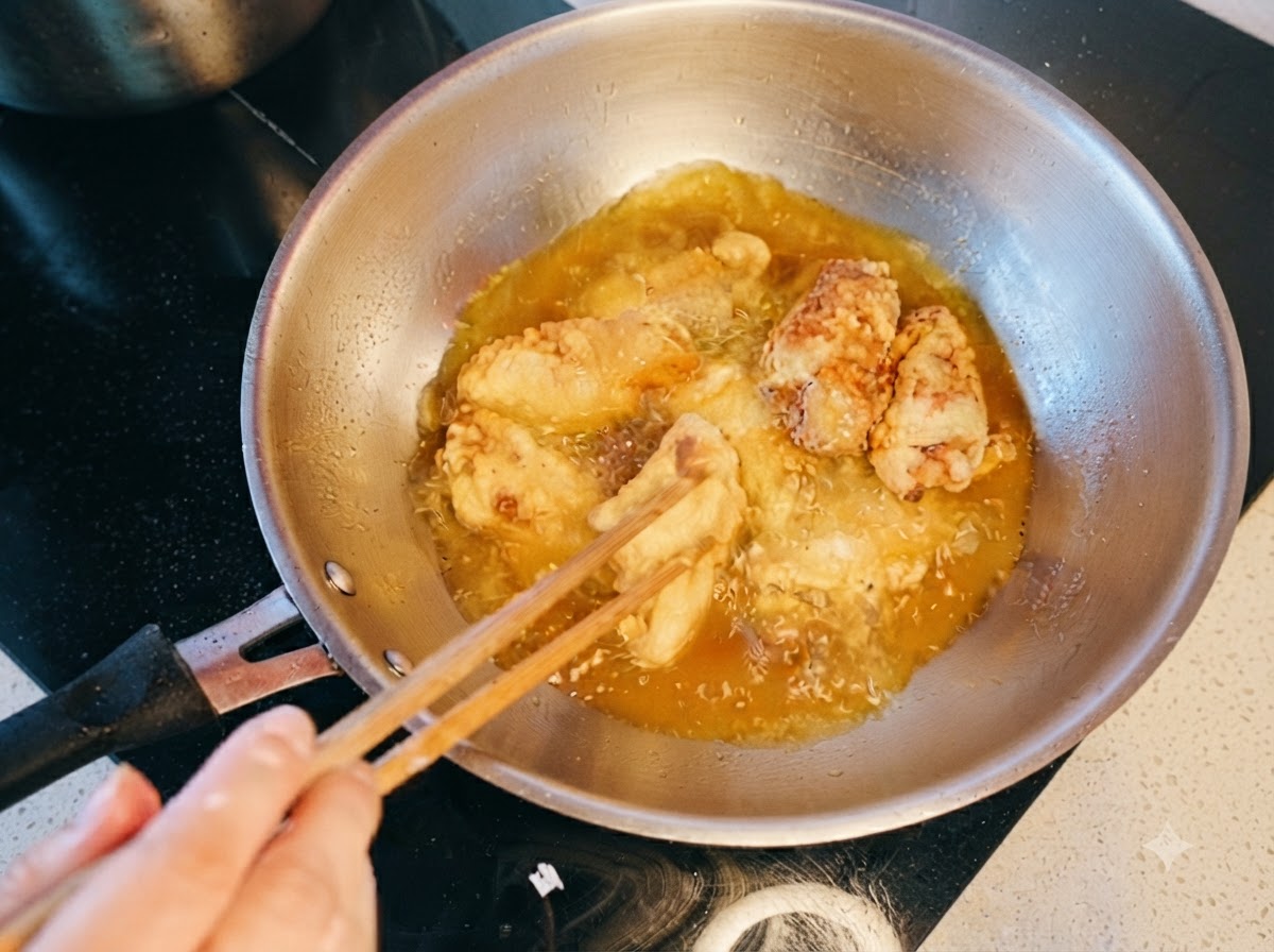Hähnchenflügel werden mit Essstäbchen in heißem Öl umgerührt und doppelt frittiert.