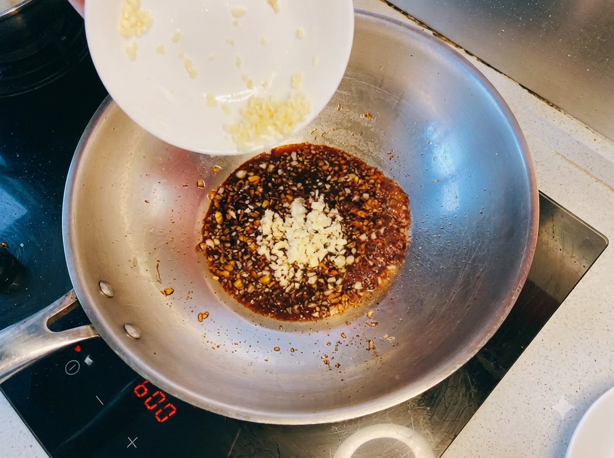 Frischer gehackter Knoblauch wird aus einer kleinen Schale in die köchelnde Soßenmischung gegeben.