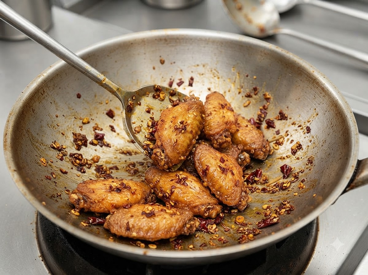 Knusprige Hähnchenflügel werden in einer dunklen, herzhaften Glasur im Wok gründlich geschwenkt und ummantelt.