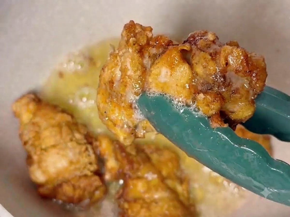 Frittierte Hähnchenschenkel werden mit einer Zange in einer Pfanne mit heißem Öl gewendet, bis sie goldbraun sind.
