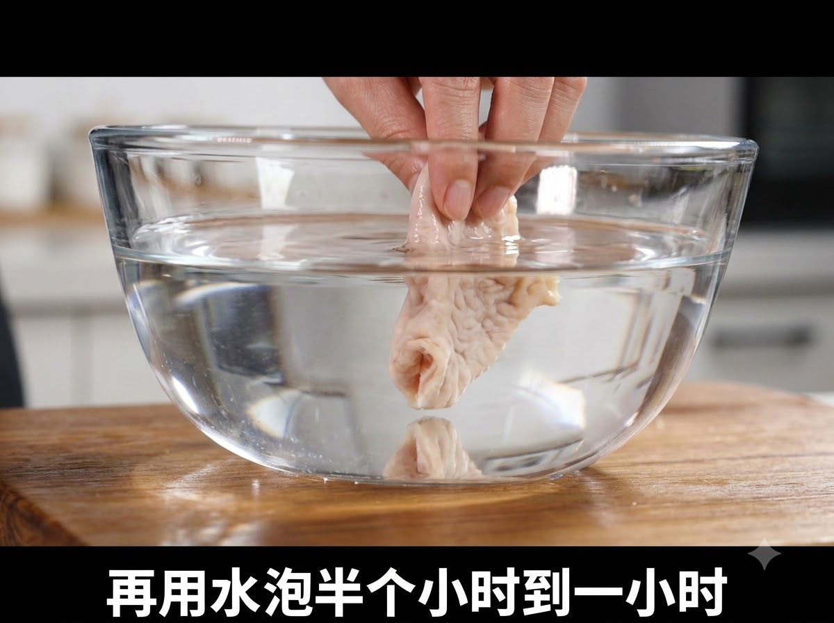 Knochenlose Hähnchenstücke in einer Glasschüssel mit Wasser auf einer Holzoberfläche.