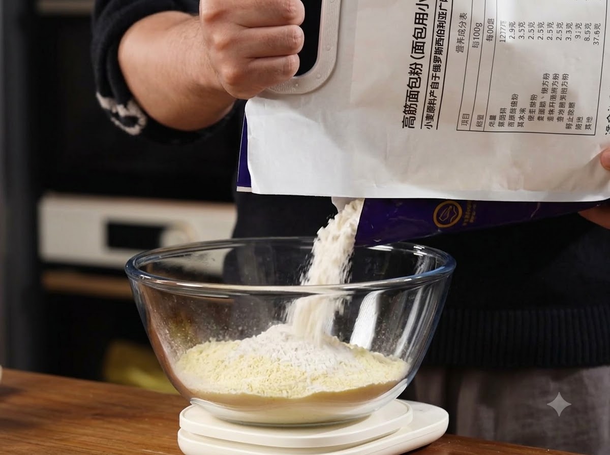 Glutenstarkes Mehl wird aus einem Beutel in eine Glasschüssel auf einer digitalen Waage gegossen.