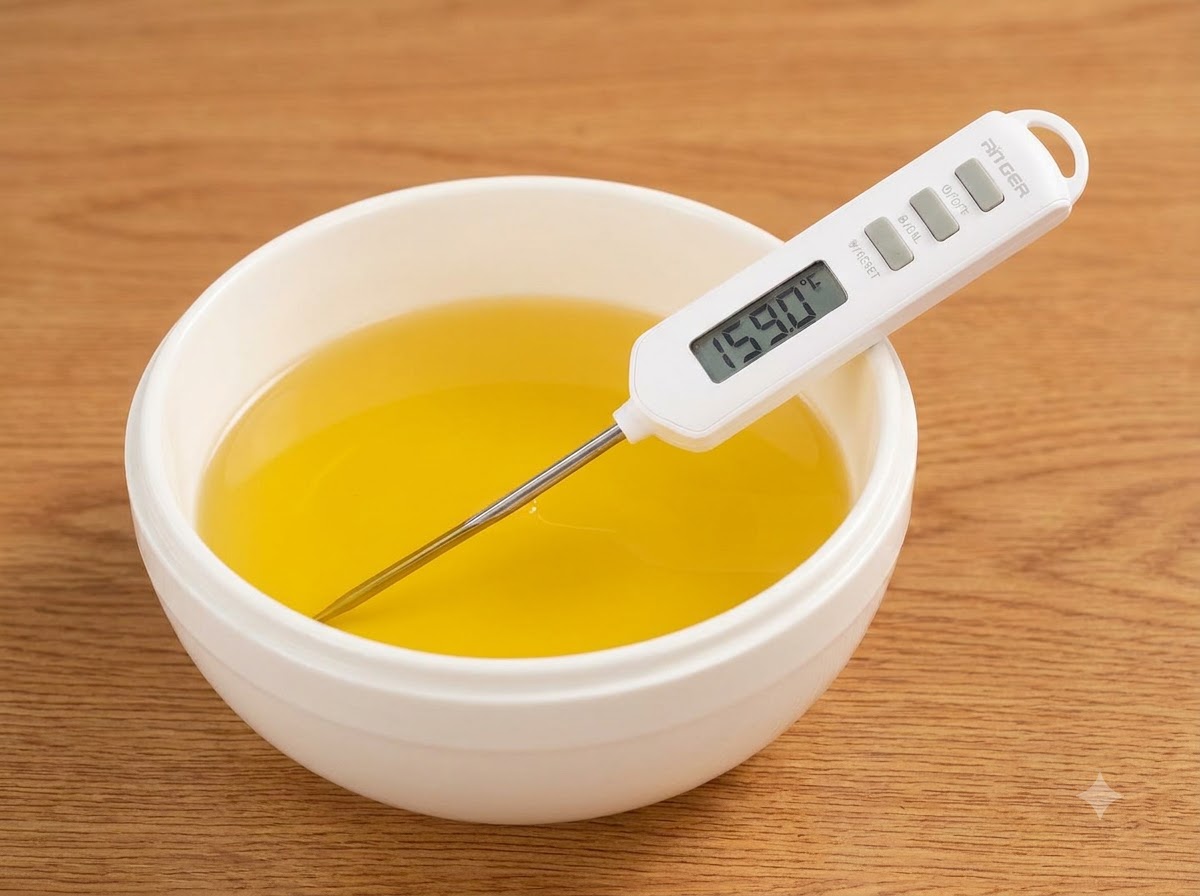 Ein digitales Thermometer misst die Temperatur von gelbem Speiseöl in einer weißen Schüssel oder einem Topf.
