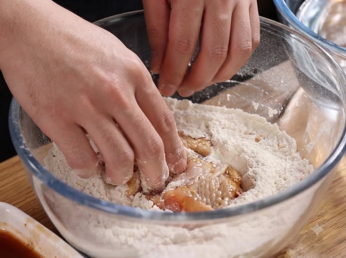 Marinierte Hähnchenstücke werden in einer Glasschüssel gründlich mit trockenem Frittiermehl umhüllt.