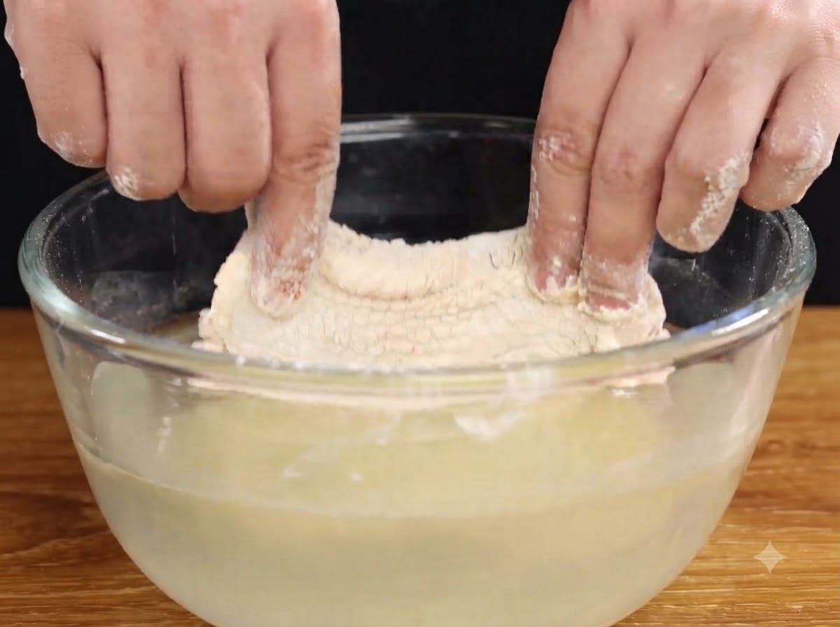 Hände tauchen ein mit Mehl paniertes Hähnchenstück in eine Schüssel mit Wasser.