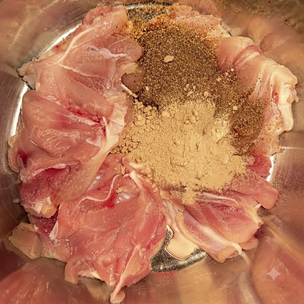 Rohes Hähnchen in einer Schüssel, großzügig bedeckt mit Häufchen aus Sichuan-Pfefferkornpulver, Knoblauchpulver und Chilipulver.