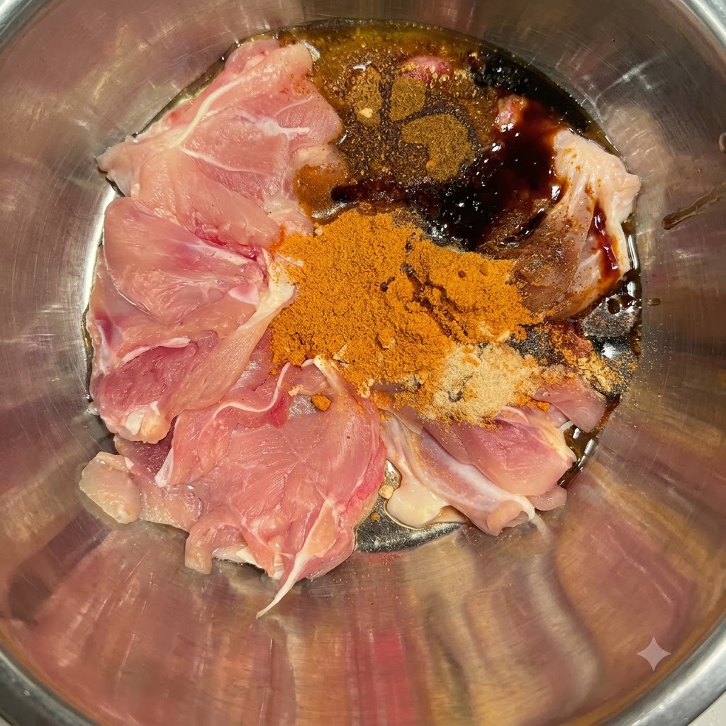 Rohes Hähnchen und trockene Gewürze mit Sojasauce, Austernsauce und Pfefferkornöl in einer Metallschüssel übergossen.