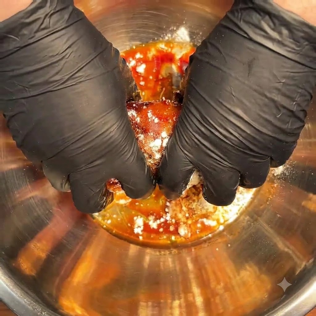 Mit Handschuhen bekleidete Hände massieren dunkle Marinaden und Gewürze gründlich in rohe Hähnchenstücke in einer Metallschüssel ein.