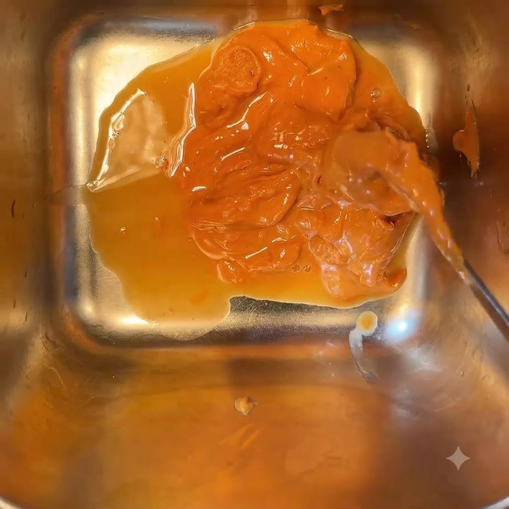 Dickflüssige Erdnussbutter vermischt mit Essig, Honig und Wasser in einem quadratischen Metallbehälter, die mit einem Löffel verrührt wird.